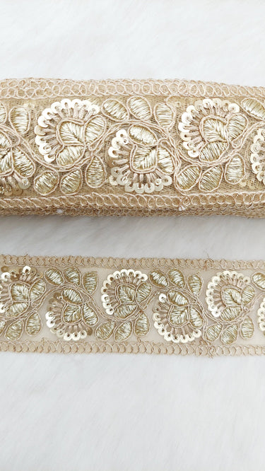 Gold Sequins Trim 2 Yards Decorative Floral Embroidered Lace Sari Border Costume Ribbon Crafting